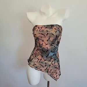 Thirty Thirty Vintage Strapless Top Mesh Burnout Asymmetrical Botanical Fairy